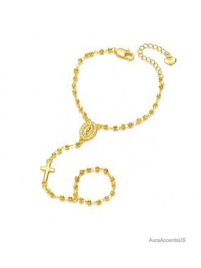 Gold-Tone Rosary Bracelet with Virgin Mary Medal & Cross Charm